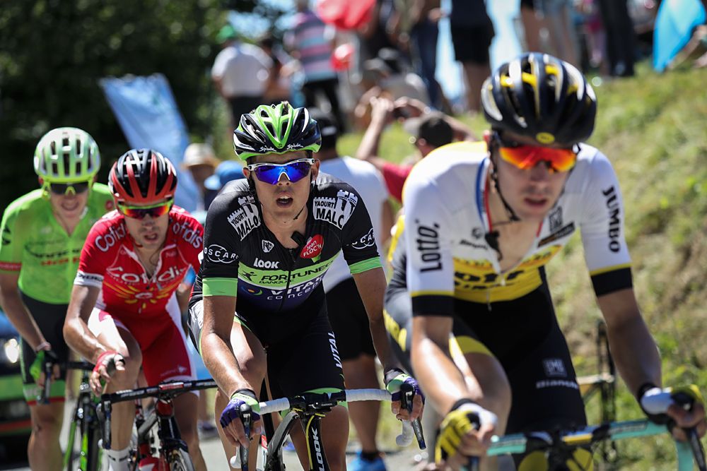 USA's Lawson Craddock, France's Nicolas Edet, Norway's Vegard Breen and Netherlands' Timo Roosen ride in a breakaway stage 16 Tour de France
