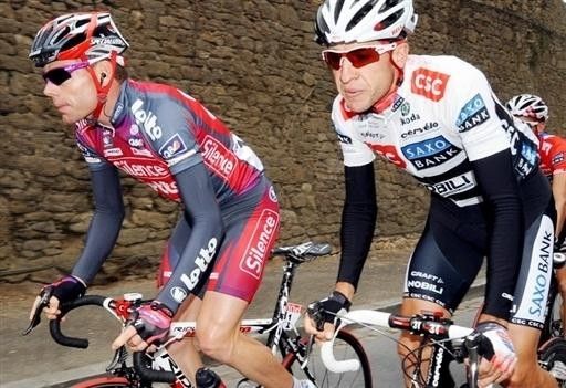 GC contenders Cadel Evans (Silence-Lotto) and Carlos Sastre (CSC-Saxo Bank) ride together out of Saint-Malo.
