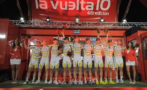 HTC-Columbia celebrates its win in the stage 1 team time trial.