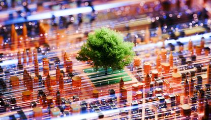 3D rendered conceptual illustration of sustainable infrastructure, technology