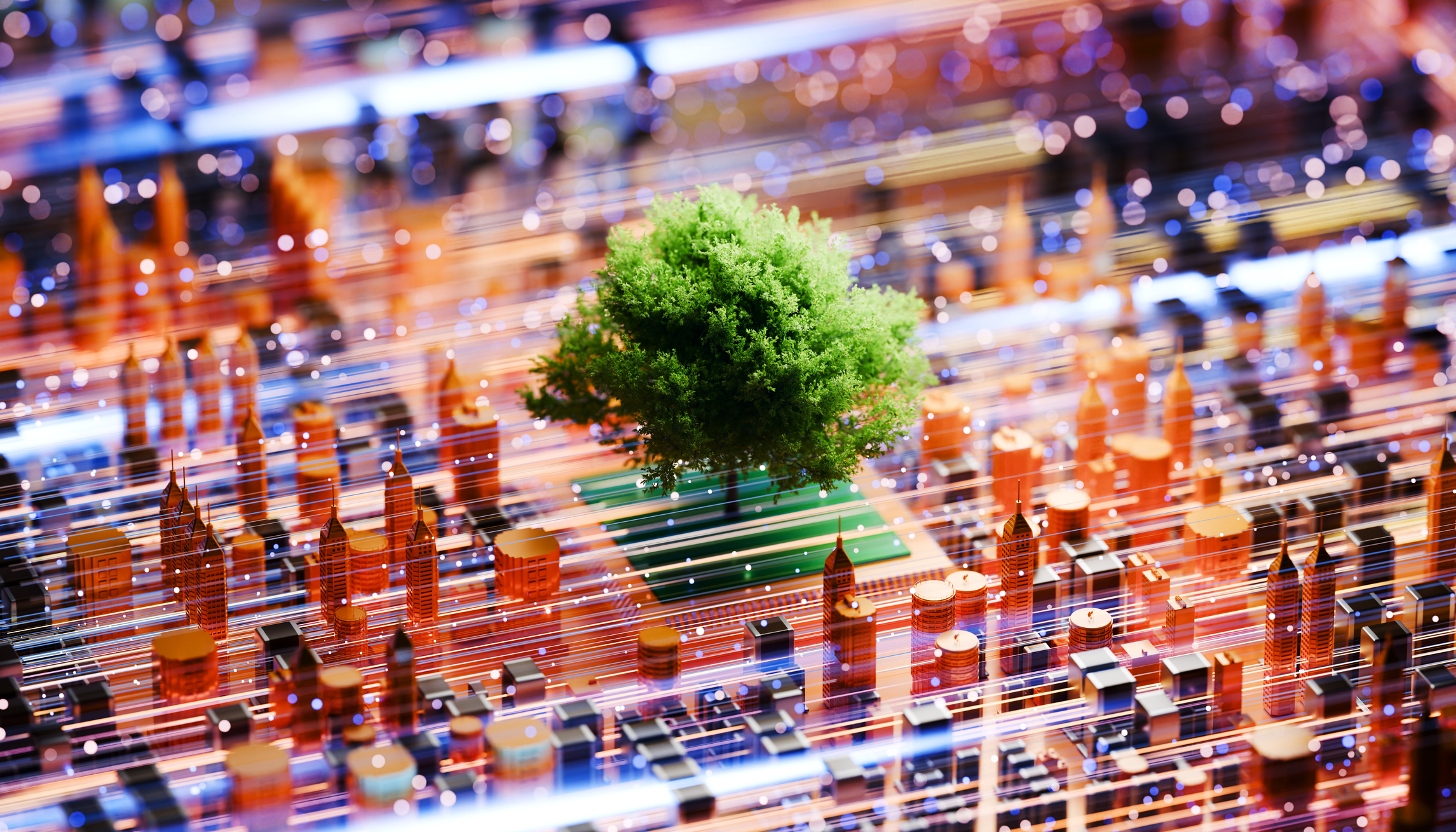 3D rendered conceptual illustration of sustainable infrastructure, technology 
