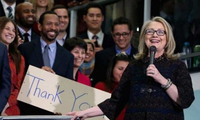 Hillary Clinton delivers her farewell address to the staff before leaving her position as the secretary of state on Feb. 1.