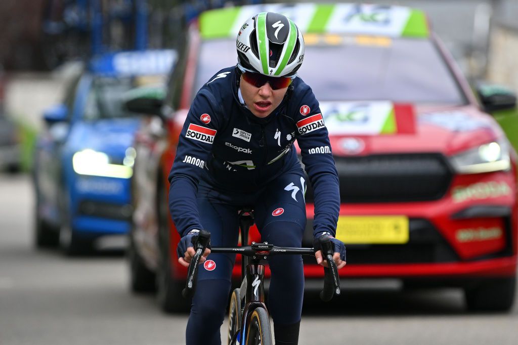LIEGE BELGIUM APRIL 24 Sarah Gigante of Australia and Team AG Insurance Soudal Team competes in the breakaway during the 8th Liege Bastogne Liege Femmes 2024 a 1529km one day race from Bastogne to Liege UCIWWT on April 24 2024 in Liege Belgium Photo by Luc ClaessenGetty Images