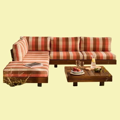 MADE.COM, Avarna Garden Wood Corner Lounge Set in Orange and Brown Check