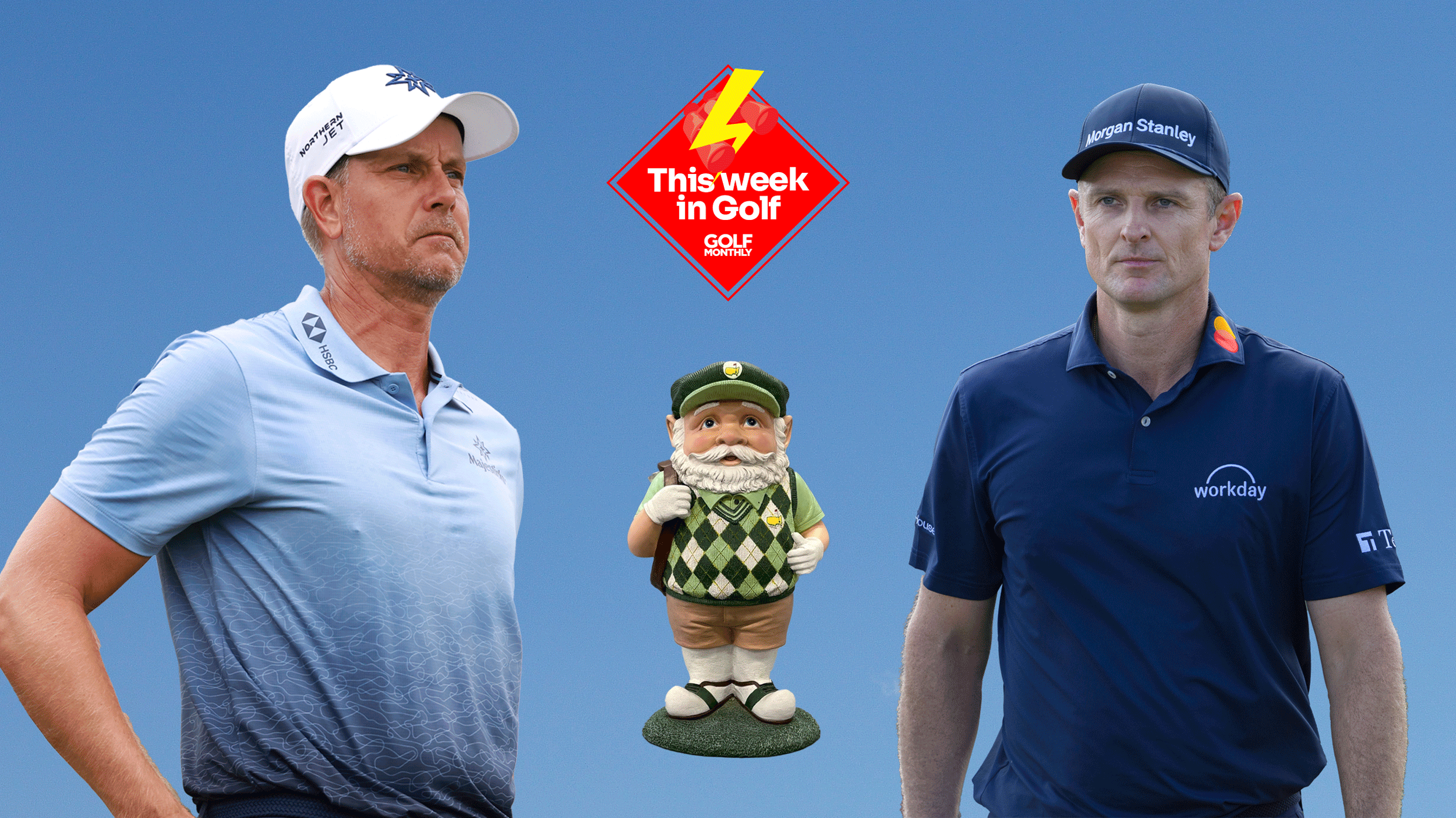 Cut-outs of Henrik Stenson (left), the Masters gnome from 2016 (centre) and Justin Rose (right) with the This Week In Golf sticker (top middle)