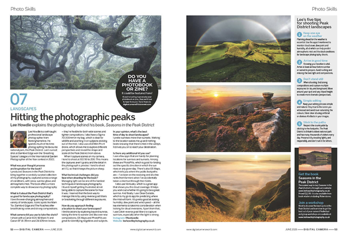 Image showing a project in the Photo Skills section in issue 308 (June 2026) of Digital Camera magazine, showcasing a Peak District photo zine by photographer Lee Howdle