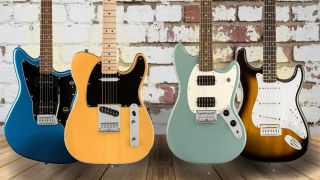 A Squier Affinity Jazzmaster and Affinity Telecaster next to a Squier Bullet Mustang and Bullet Stratocaster