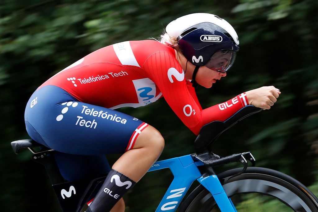 GENNEP NETHERLANDS AUGUST 26 Emma Norsgaard Jorgensen of Denmark and Movistar Team during the 23rd Simac Ladies Tour 2021 Stage 2 a 222km Individual Time Trial stage from Gennep to Gennep SLT2021 UCIWWT on August 26 2021 in Gennep Netherlands Photo by Bas CzerwinskiGetty Images