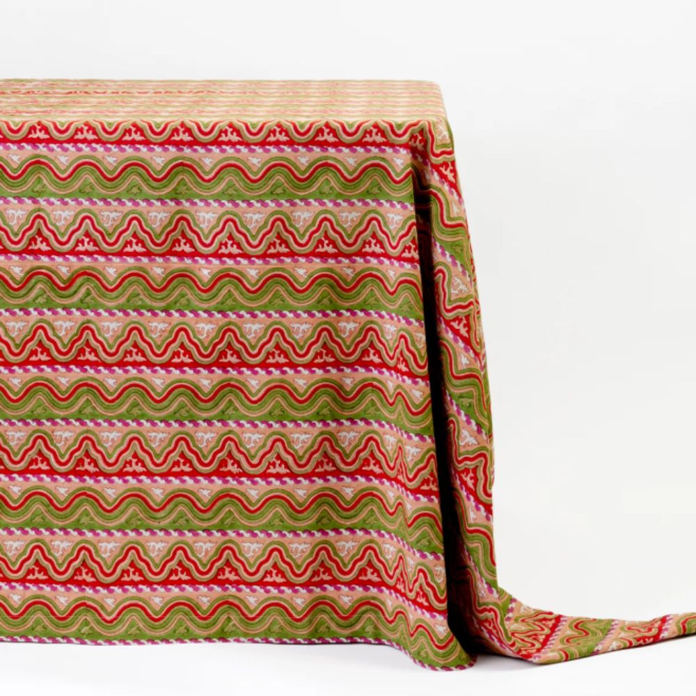 Green and red patterned tablecloth