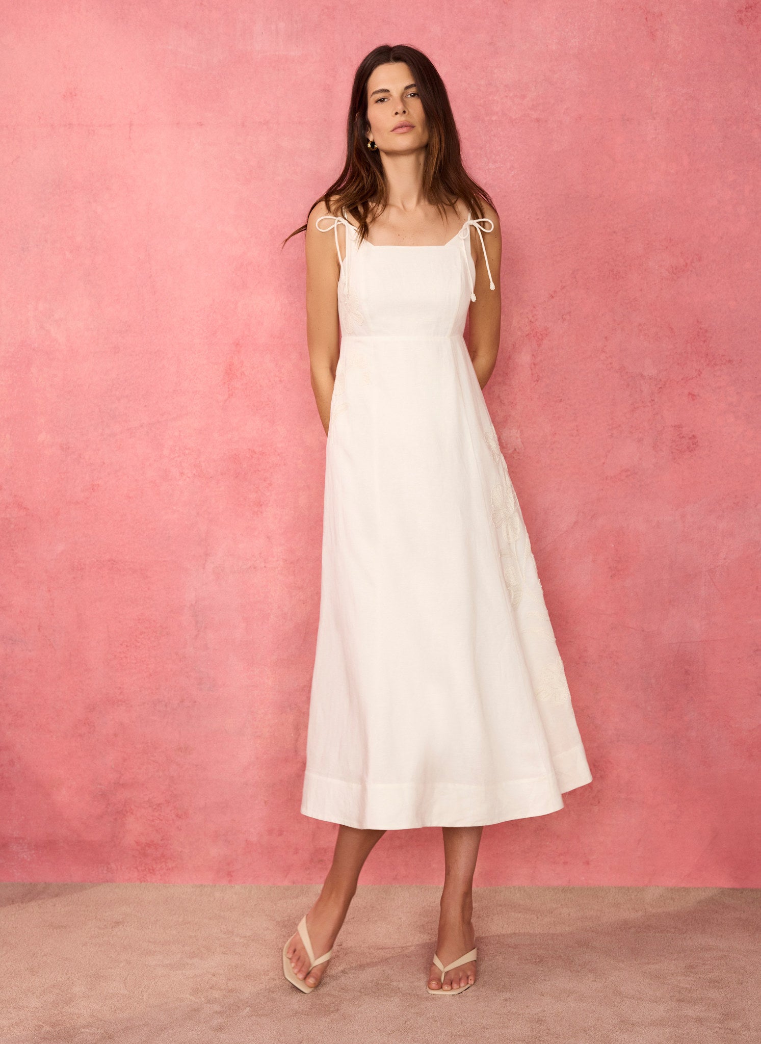 White Linen Blend Embroidered Midi Dress