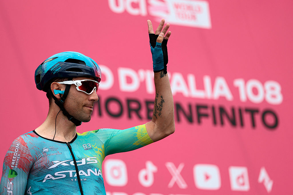XDS Astana Team's Italian rider Diego Ulissi waves hand during the presentation prior to the first stage of the 108th Giro d'Italia cycling race, 160km from Durres to Tirana in Albania, on May 9, 2025. (Photo by Luca Bettini / AFP)