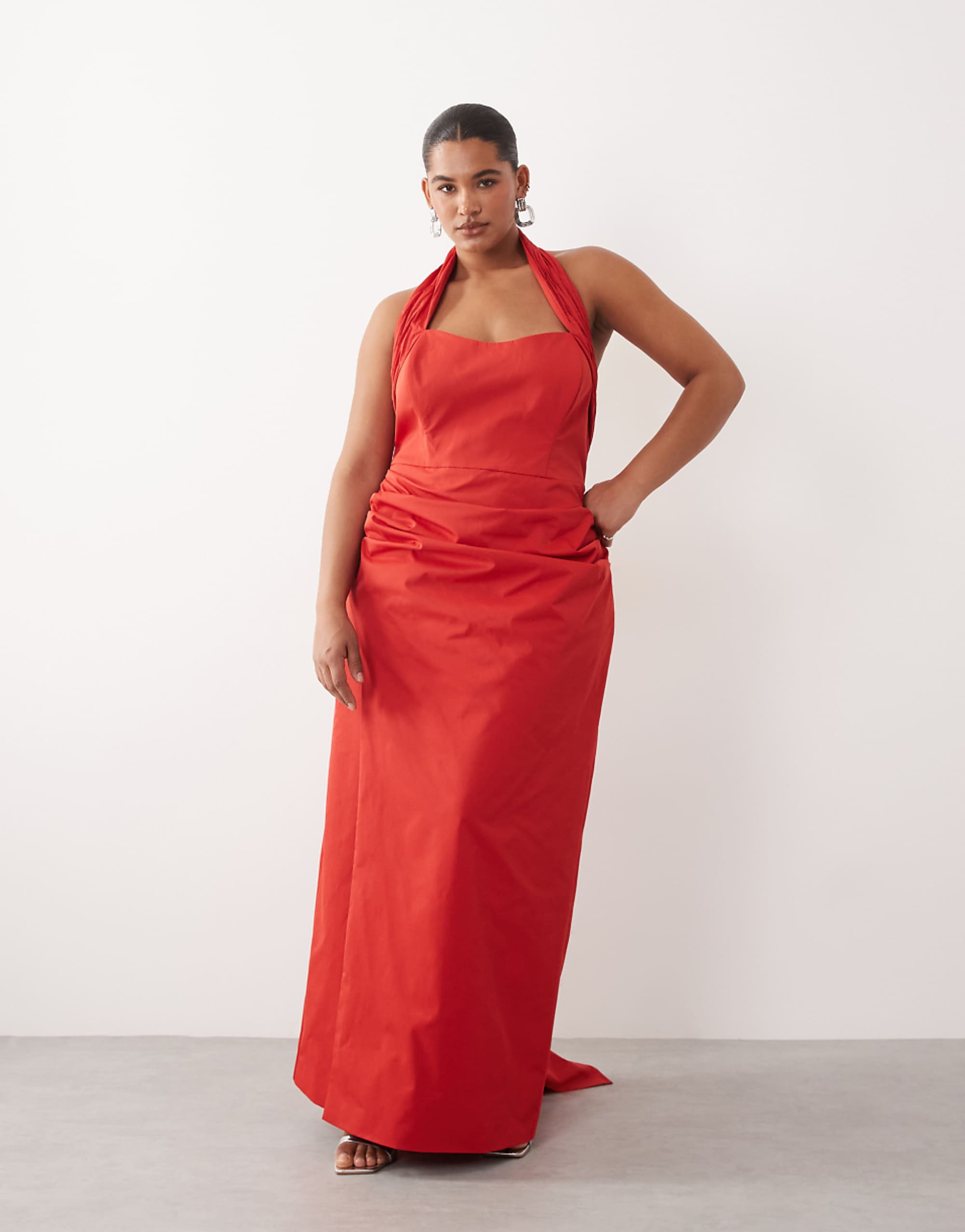 Arrange Curve Halter Shirred Waistband Maxi Dress in Red