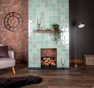 Tiled empty fireplace in modern living room