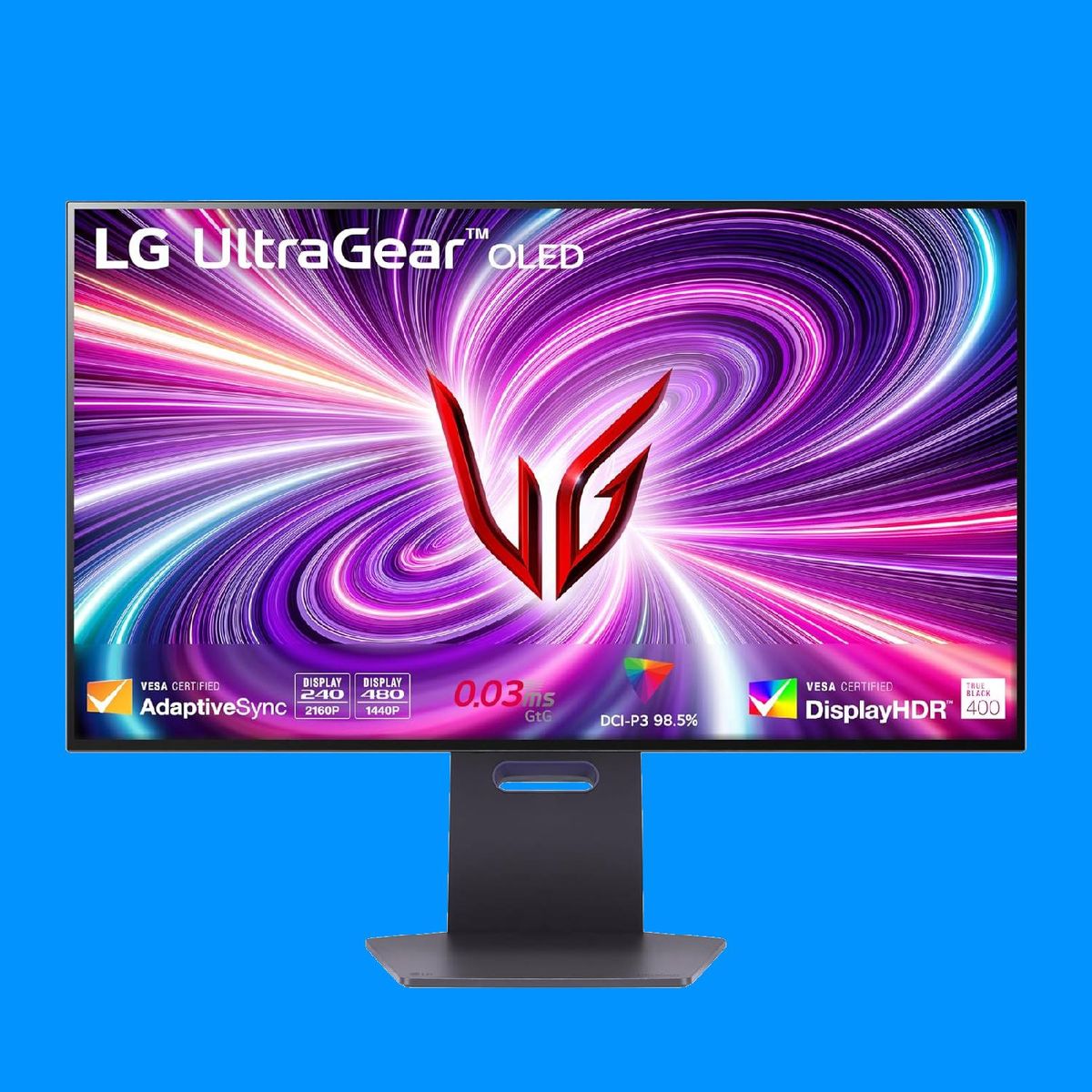 LG UltraGear 32GS95UE gaming monitor on a blue background