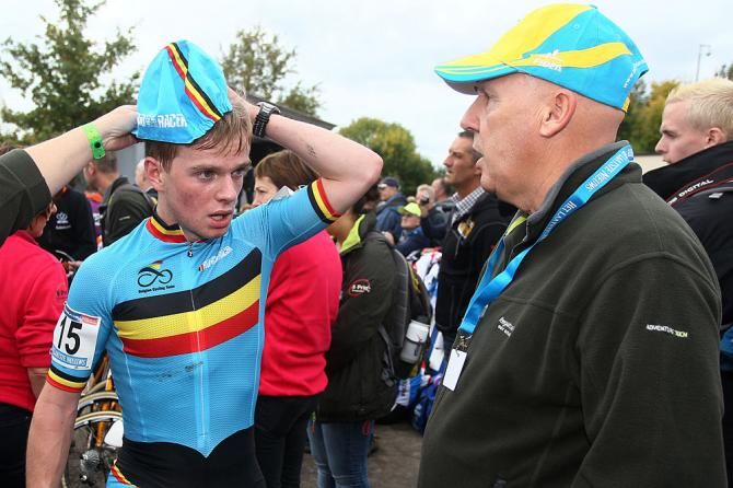 Eli Iserbyt (Belgium) at the finish of the opening 'cross World Cup in Valkenburg where he placed 4th in the junior men's race