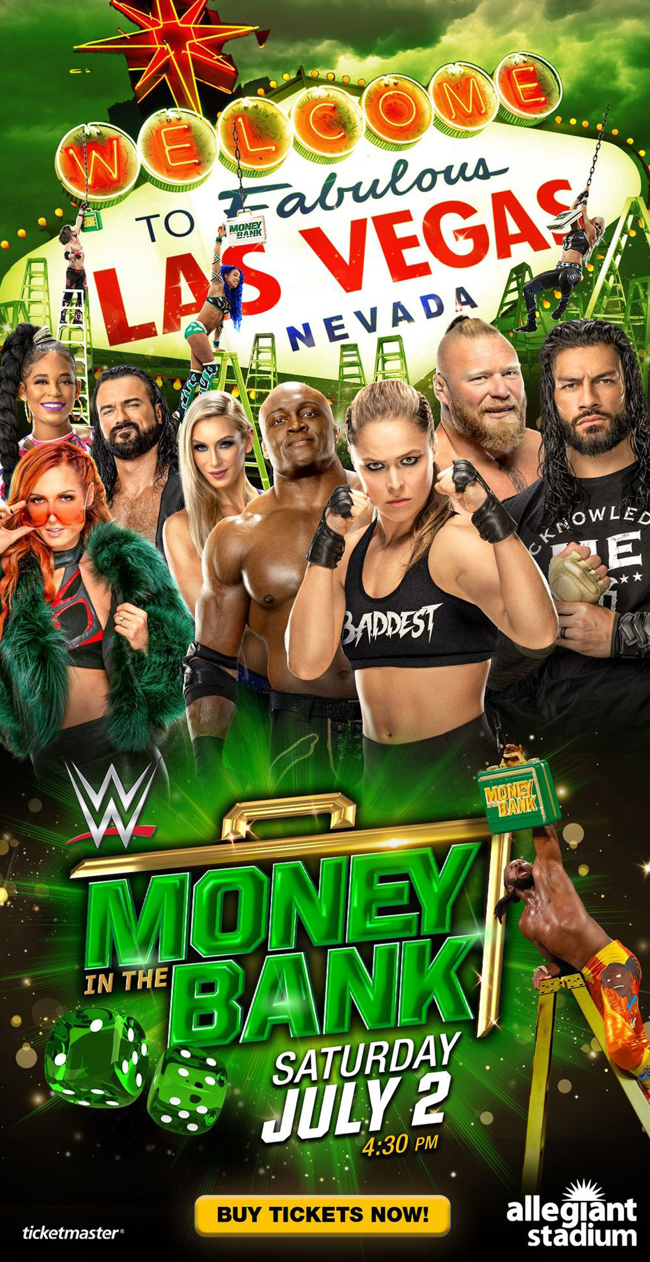 Original Money In The Bank poster with Ronda Rousey, Roman Reigns, Brock Lesnar, Sasha Banks and more.