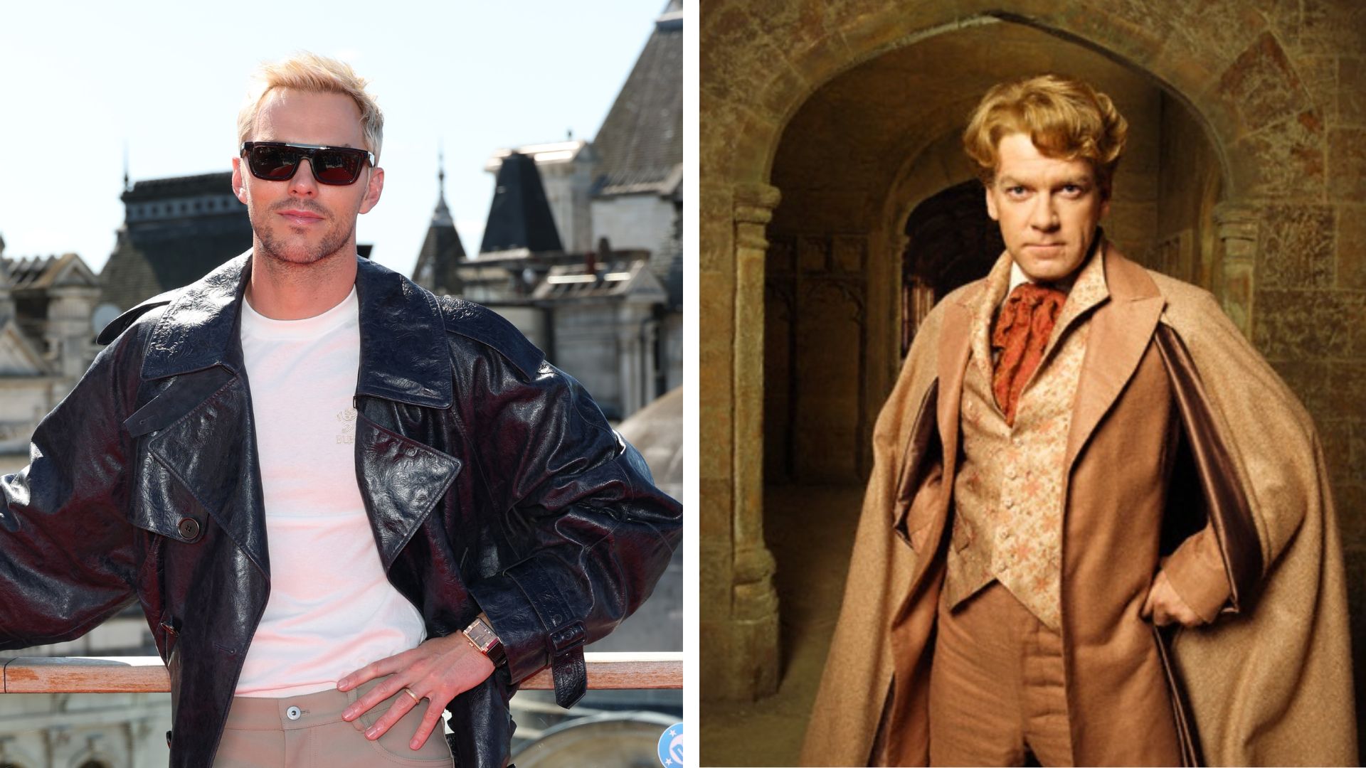an image of Nicholas Hoult with blonde hair at the UK Superman premiere spliced with an image of Kenneth Branagh as Gilderoy Lockhart