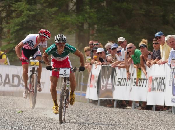 Marco Fontana (Cannondale) holding off a surging Todd Wells (Specialized) for third place