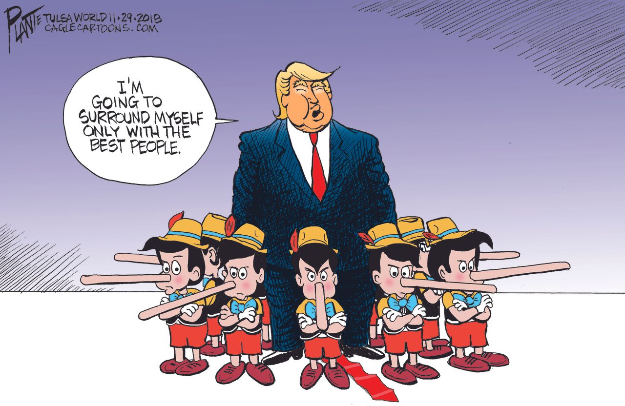 Political cartoon U.S. Trump surrounded with the best people lies Pinocchio Manafort Cohen Papadopoulos