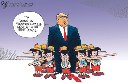 Political cartoon U.S. Trump surrounded with the best people lies Pinocchio Manafort Cohen Papadopoulos