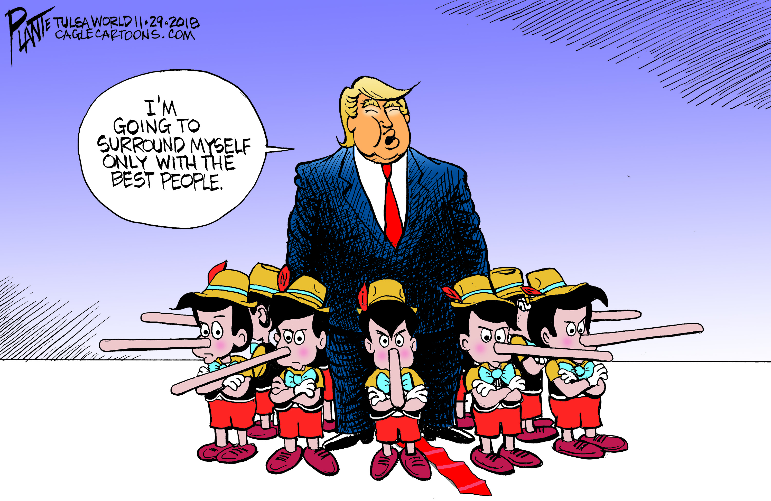 Political cartoon U.S. Trump surrounded with the best people lies Pinocchio Manafort Cohen Papadopoulos