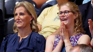 Sophie, Countess of Wessex and Lady Louise Windsor react as they watch weightlifting during the 2022 Commonwealth Games at the NEC on August 1, 2022 in Birmingham, England.
