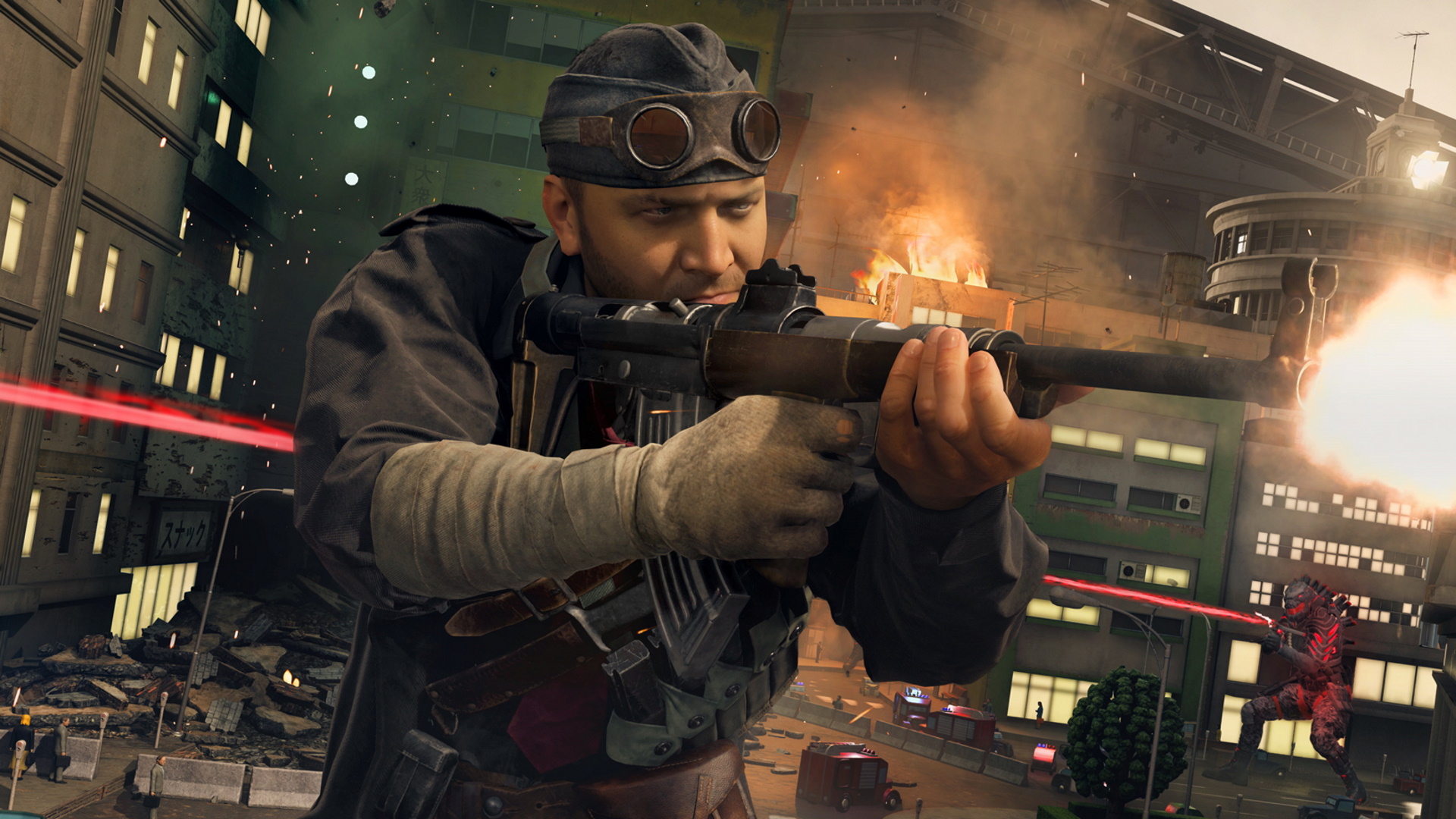 Warzone download - A character on crowded streets fires a gun