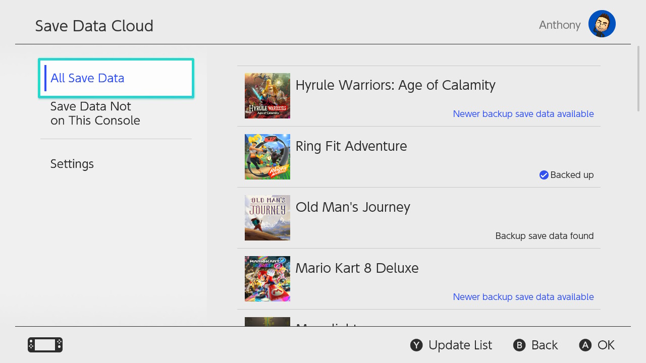 Nintendo Switch Cloud Save Backup List