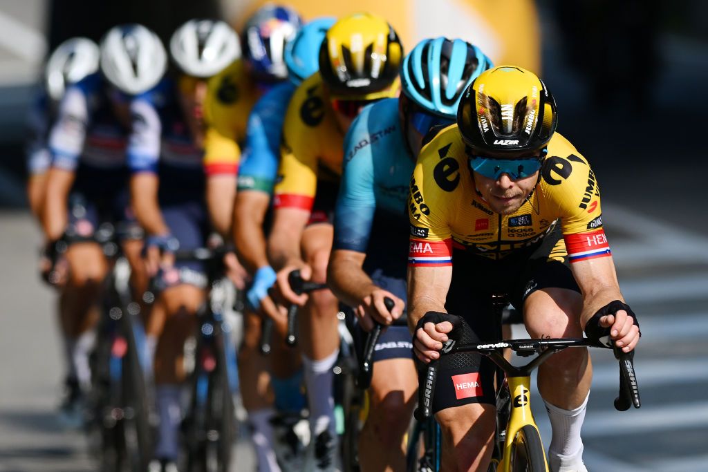 LEGNANO ITALY OCTOBER 02 Jan Tratnik of Slovenia and Team JumboVisma leads the breakaway during the 104th Coppa Bernocchi GP Banco BPM a 18665km one day race from Parabiago to Legnano on October 02 2023 in Legnano Italy Photo by Dario BelingheriGetty Images