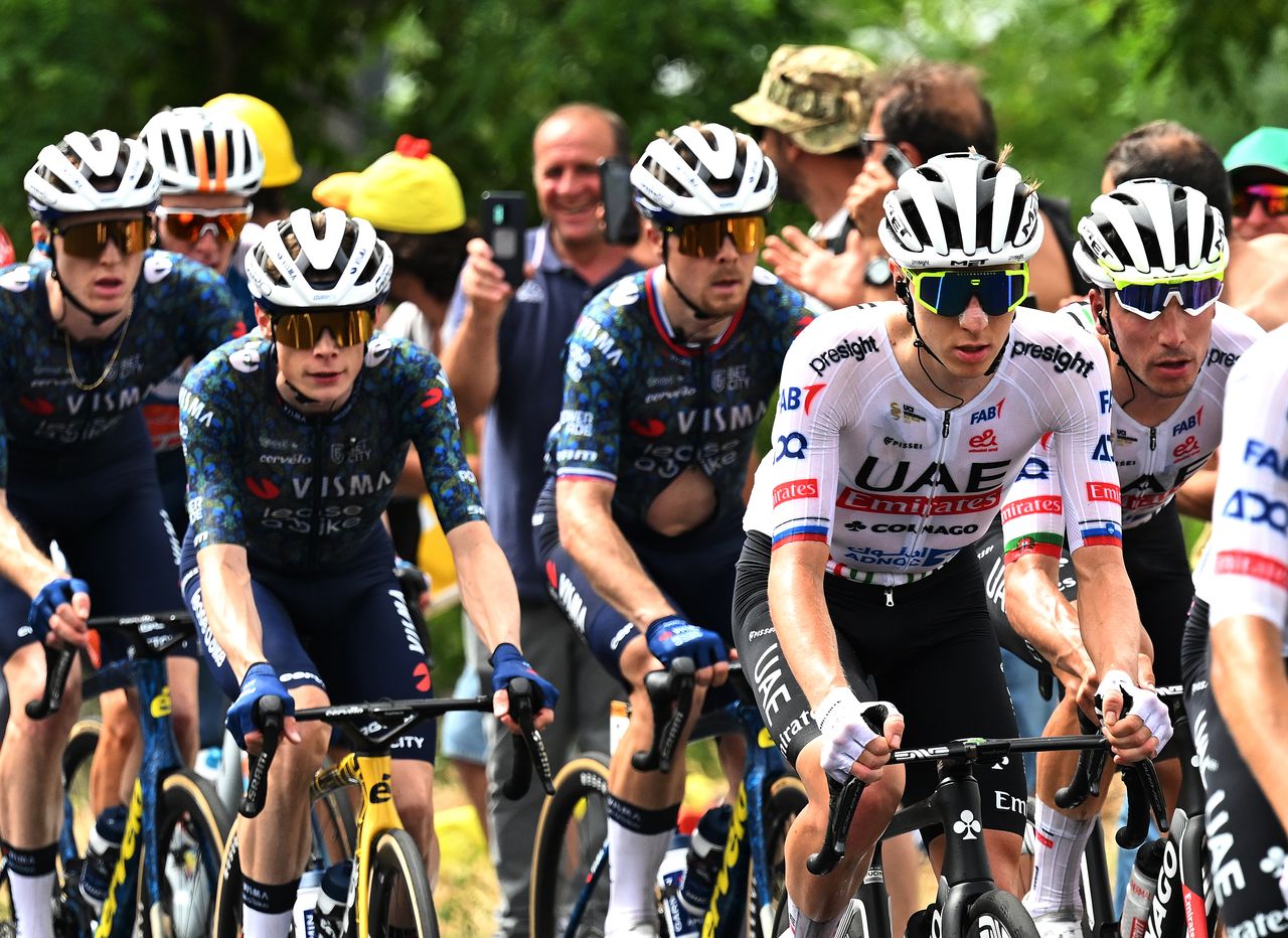 Jonas Vingegaard follows Tadej Pogačar during stage 1 of the Tour de France