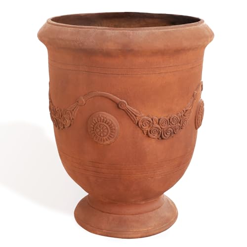 Worth Garden Large Urn Planter - 14" Dia X 16.5" H Lightweight Magnesium Oxide Plant Pot With Cement Texture - Rust-Like Finish Concrete Urn Planter With Drainage Hole for Indoor &amp;amp; Outdoor Decor