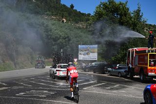 CASTELO BRANCO PORTUGAL AUGUST 19 Wout van Aert of Belgium and Team Visma Lease a Bike Red Leader Jersey during the La Vuelta 79th Tour of Spain 2024 Stage 3 a 1915km stage from Lousa to Castelo Branco UCIWT on August 19 2024 in Castelo Branco Portugal Photo by Dario BelingheriGetty Images