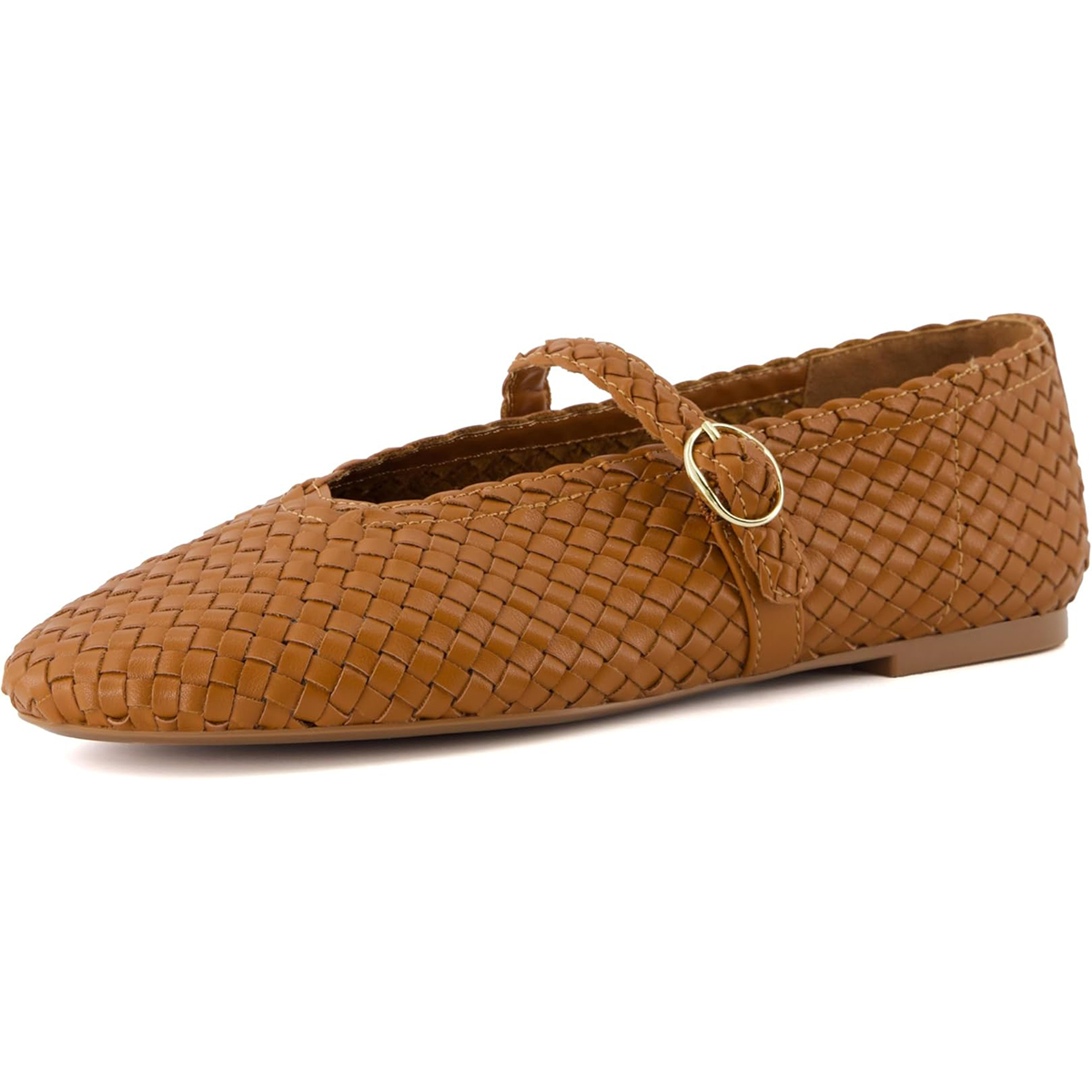 CUSHIONAIRE, Cushionaire Bistro Mary Jane Flats for Women, Woven Ballet Flats Shoes With Strap and Memory Foam for All-Day Comfort, Cognac 8.5