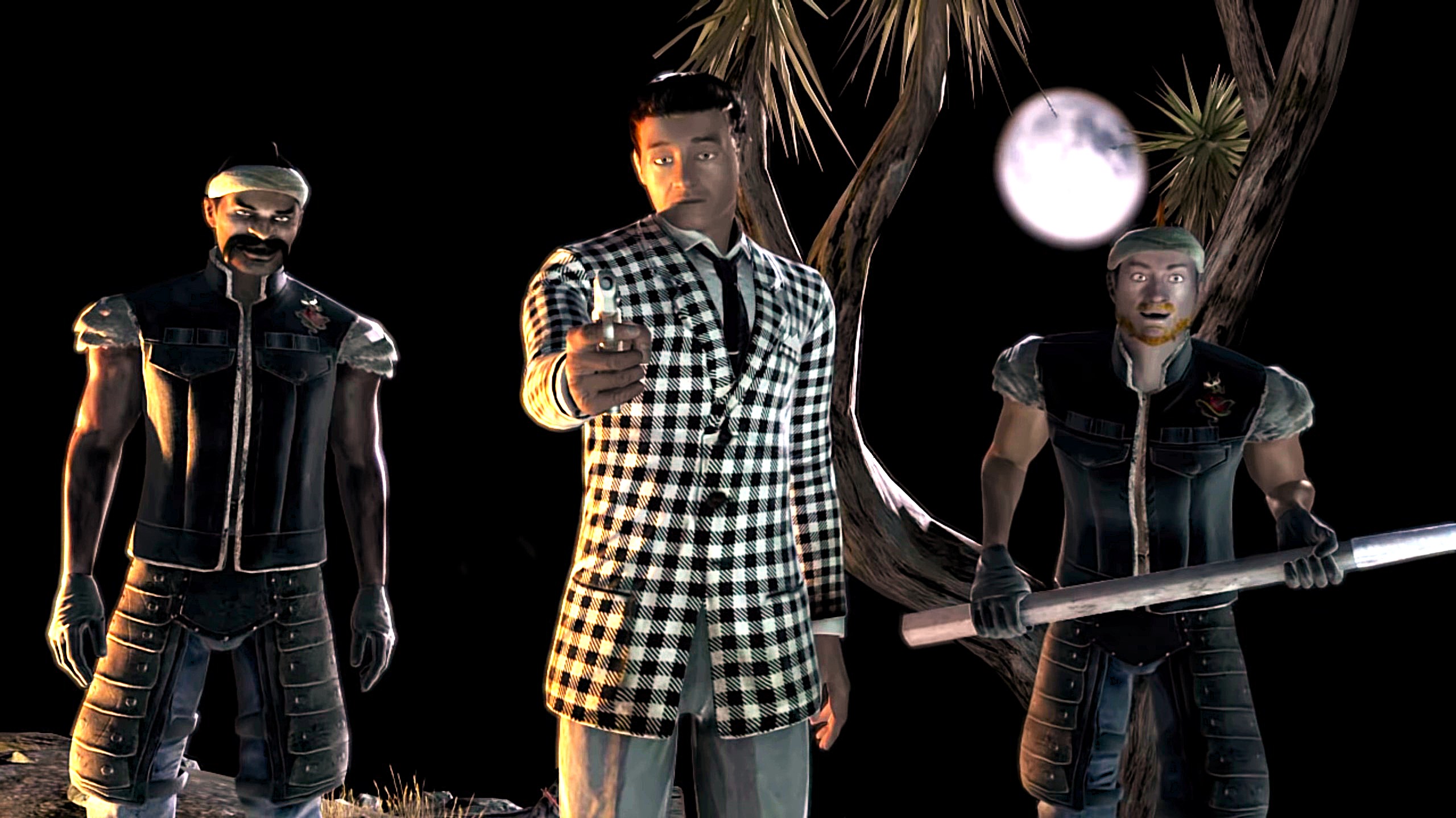 A man in a checked suit points a gun, flanked by two rugged men under a moonlit desert sky. Tense atmosphere with a hint of confrontation.
