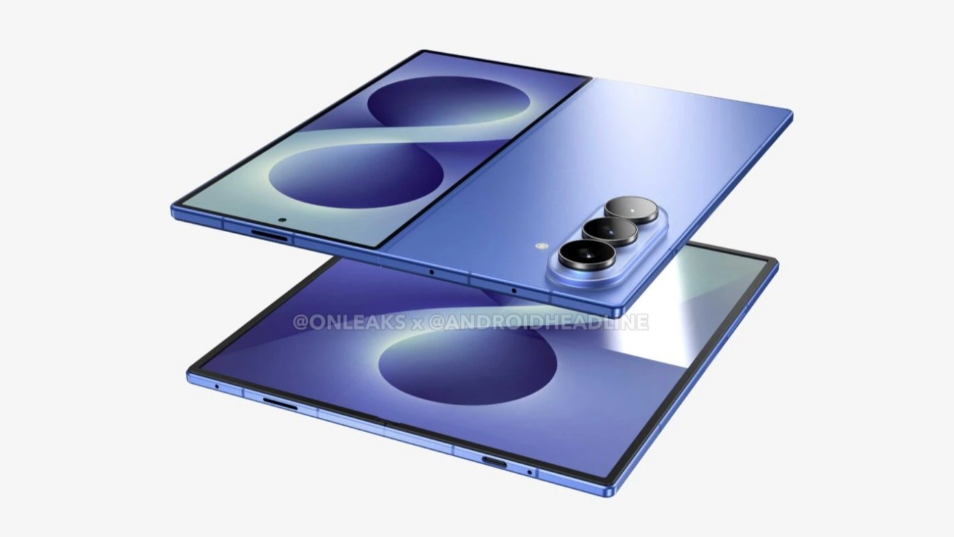 A rumored render of the Galaxy Z Fold 8 from Samsung in blue, showing its flat panels (inner display, back panel, cover display).