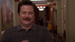 Nick Offerman as Ron Swanson, excited to solve a riddle