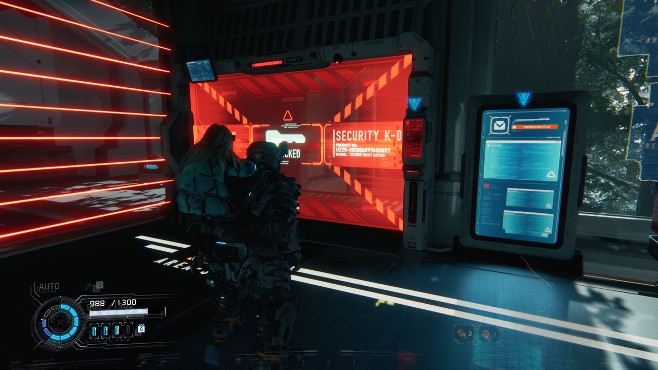 Pragmata Red Zone Gate Keys: A player looking at a Red Zone barrier in Plant Factory.
