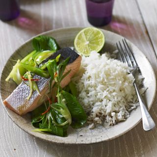 Roast Salmon with Ginger, Soy Sauce and Pak Choi