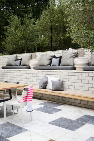tiled patio with tiered seating