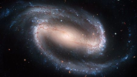 Webb image of COSMOS-74706, with logarithmic spirals (as white lines) showing the arms and bar structure. 