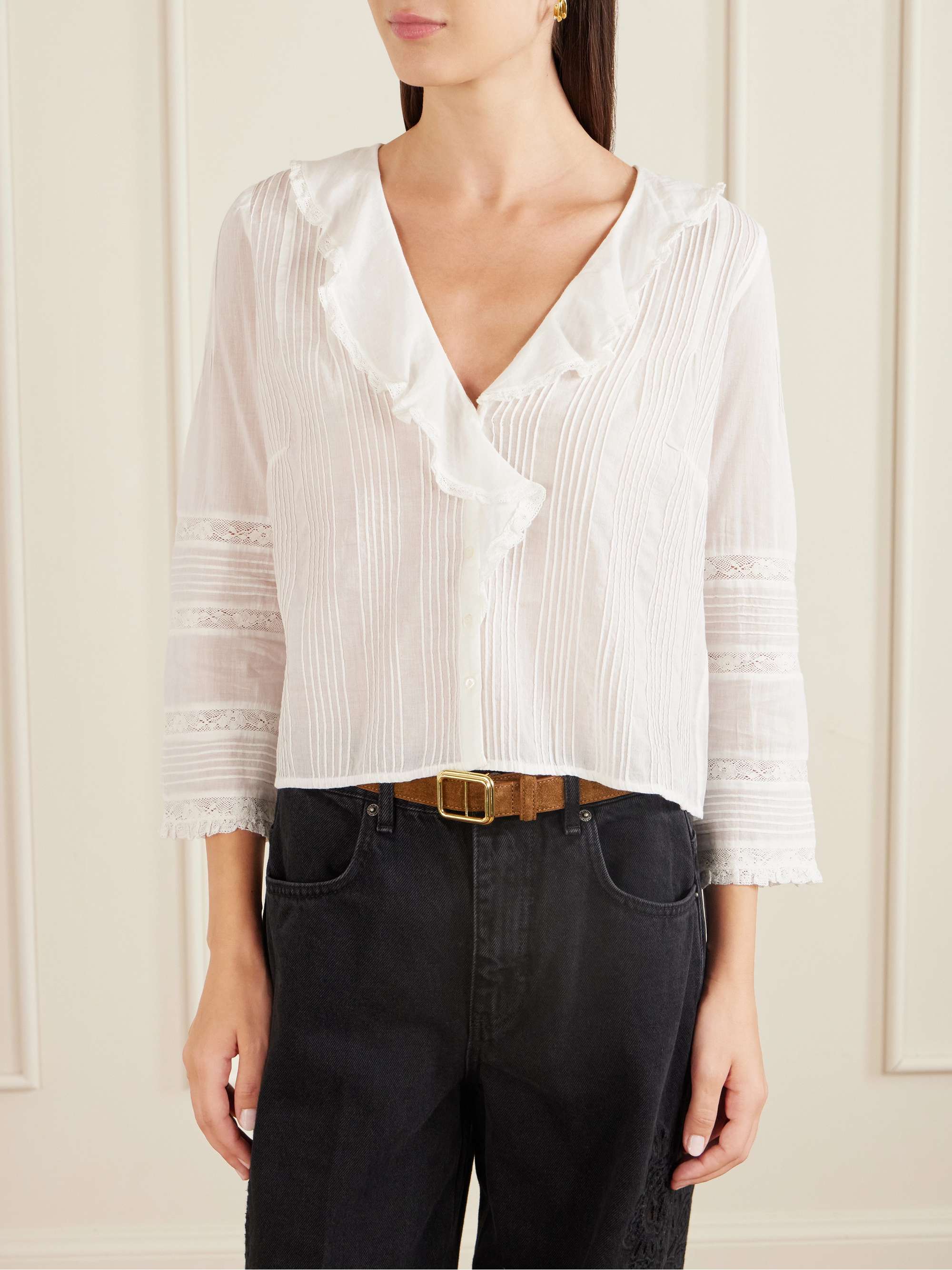 Huguette Ruffled Pleated Lace-Trimmed Organic Cotton Blouse