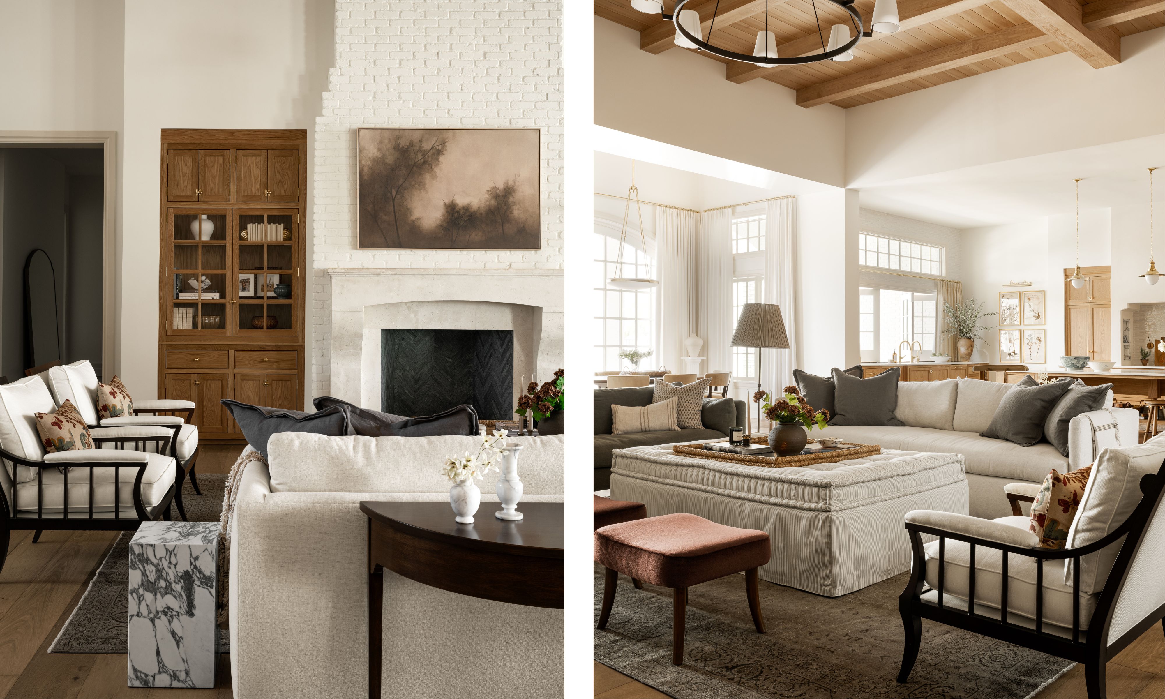 a large open plan living room area with fireplace large neutral couch, linen ottoman, rust red stools and dark green grey accents