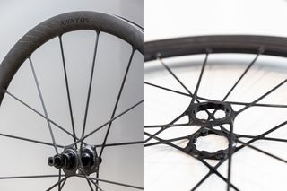 Syncros capital SL wheelset side by side closeups of hubs against white background