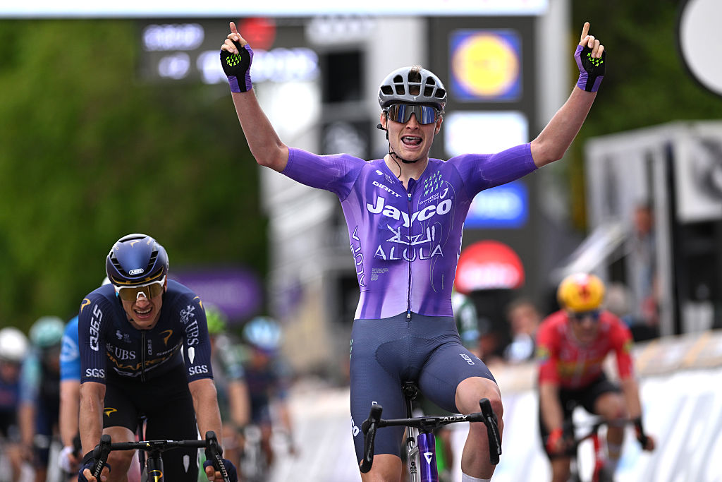 Anders Foldager of Denmark and Team Jayco AlUla celebrates as race winner at De Brabantse Pijl - La Fleche Brabanconne 2026, Men&amp;apos;s Elite a 162.6km race(Photo by Luc Claessen/Getty Images)