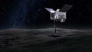 Artist illustration of OSIRIS-REx on the surface of the asteroid Bennu.