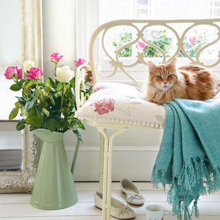 cat sitting on bench and flower vase