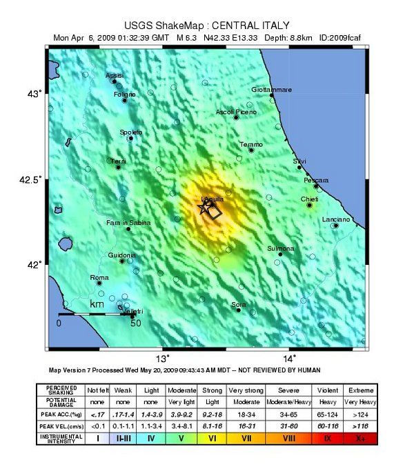 Shaking intensity of the 2009 L&#039;Aquila, Italy earthquake