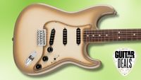A Fender Antigua Strat on a light green background