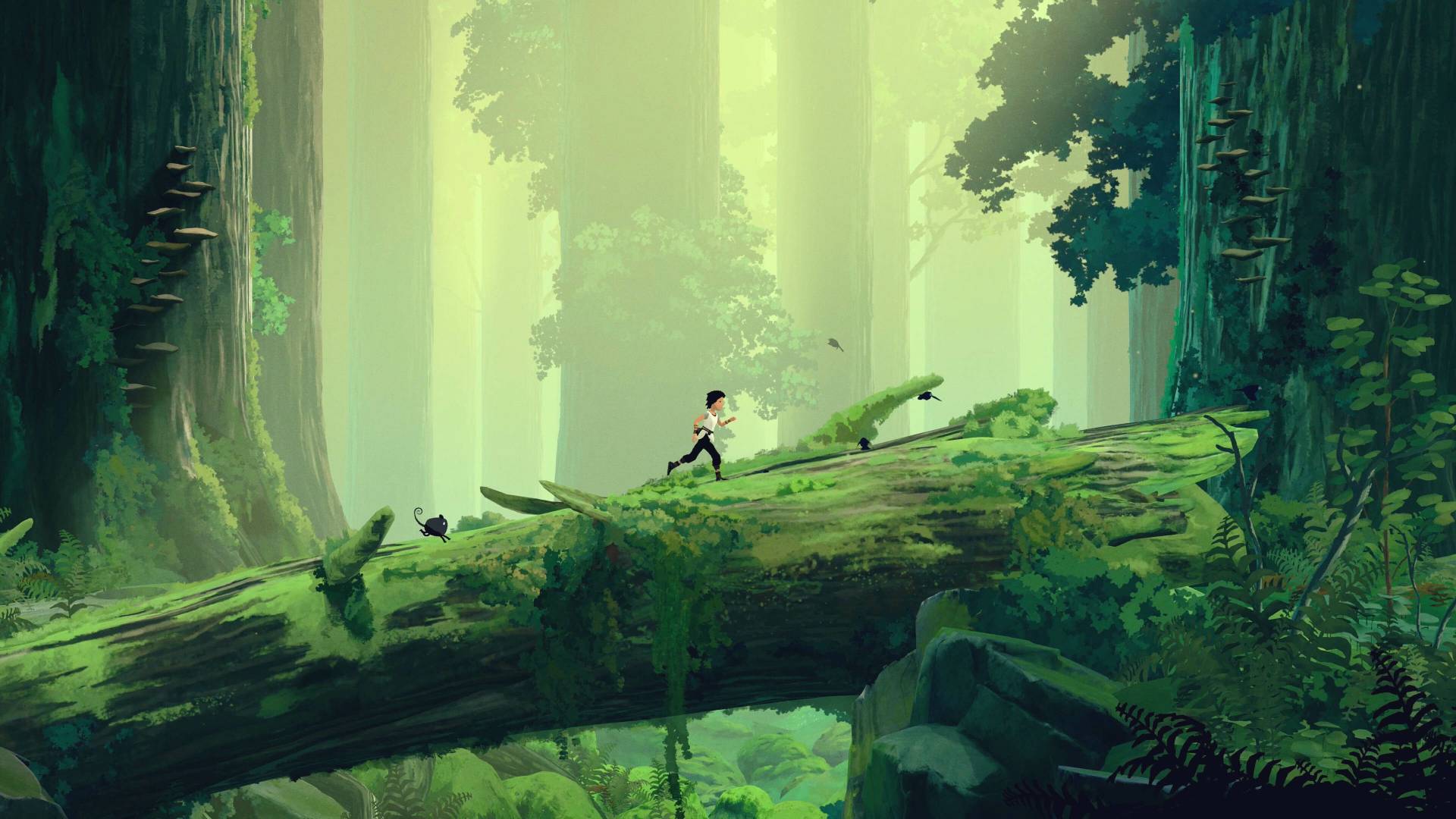 A screenshot from Planet of Lana 2 shows Lana and Mui running along a giant fallen tree in a lush forest.