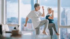 Two women in a domestic setting exercising, with one knee raised in the air.
